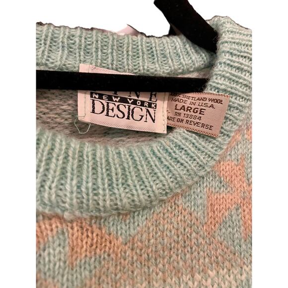 Vintage 80s Shetland Wool Aqua Patterned Sweater Adult Large - Picture 2 of 3